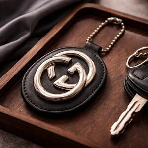 Gucci Interlocking GG Leather Oval Keychain Bag Charm Black Silvery Gold Tone